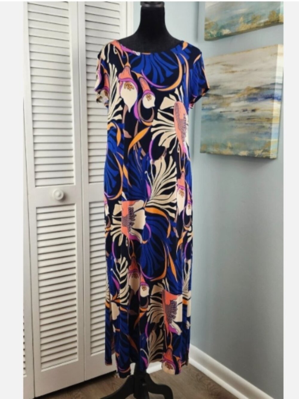 Chico’s Tropical Print Maxi Dress MP Short Sleeve Slits Travel Resort Coastal